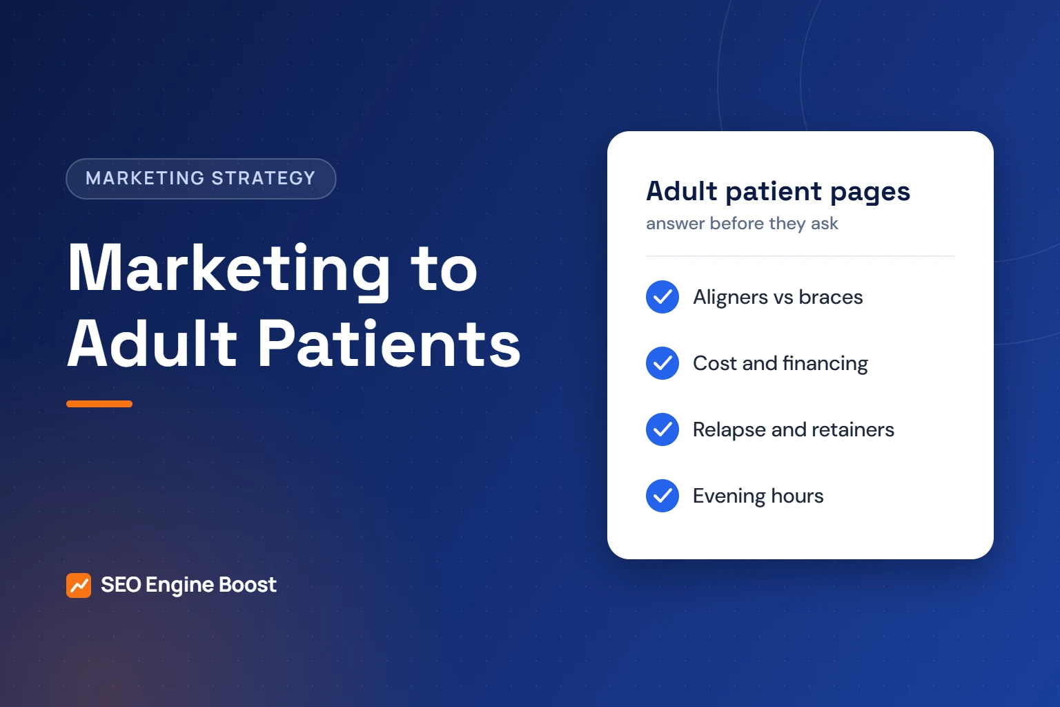 Illustration of a checklist of website pages for marketing to adult orthodontic patients