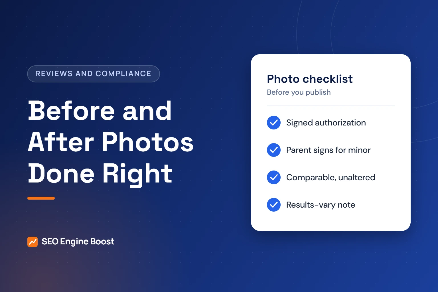 Illustration of a before-and-after photo checklist: signed authorization, parent signature for minors, comparable unaltered images and a results-may-vary note