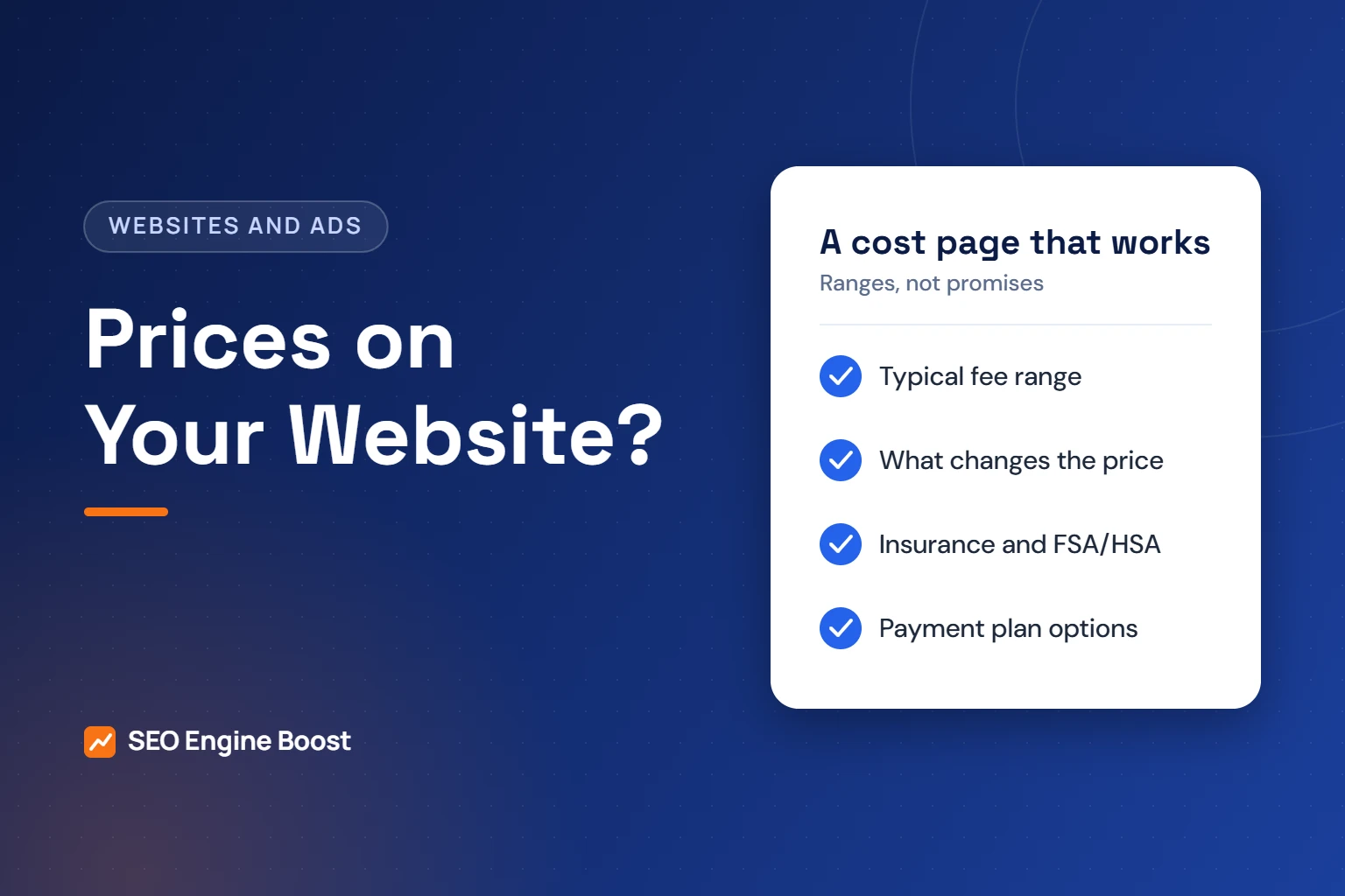 Illustration of a checklist for an orthodontic cost page: typical fee range, what changes the price, insurance and payment plan options
