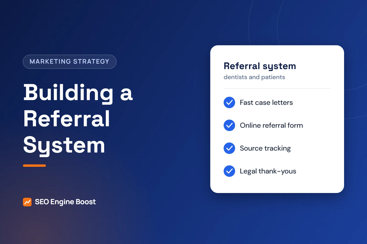 Illustration of a referral system checklist with case letters, an online referral form, source tracking and legal thank-you gifts