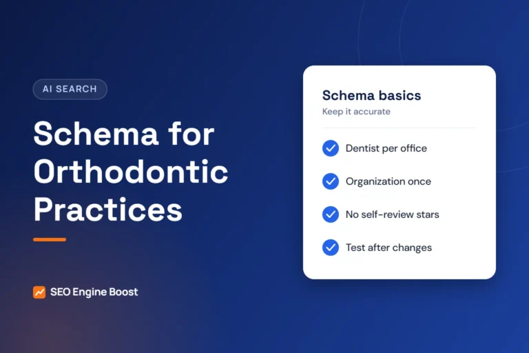 Illustration of a checklist card showing the schema markup basics for an orthodontic practice website