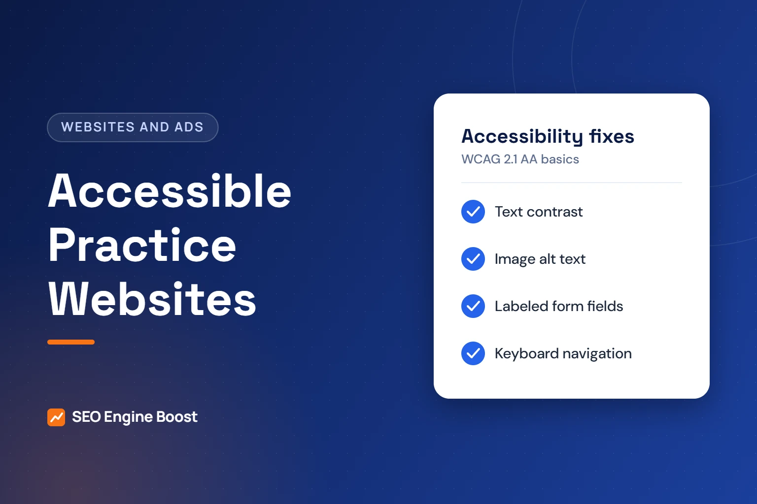 Illustration of a website accessibility checklist covering text contrast, image alt text, labeled form fields and keyboard navigation