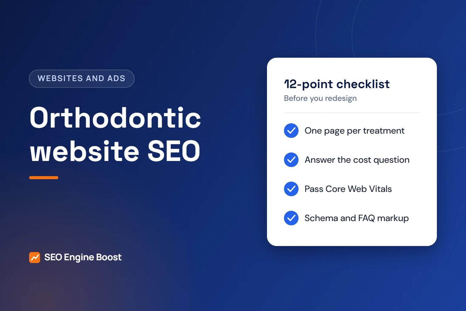 Illustration of a 12-point orthodontist website SEO checklist covering treatment pages, cost info, Core Web Vitals and schema