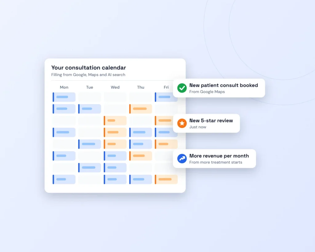 Home 1 Illustration of a practice calendar filling with new patient consultations, new five-star reviews and growing revenue