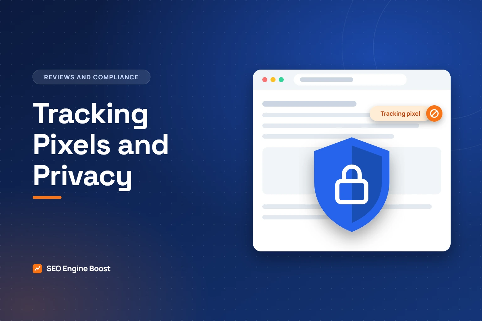 Tracking pixels: illustration of a website protected by a privacy shield with a tracking pixel crossed out
